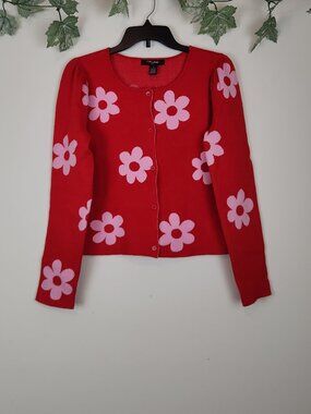 Love By Design Women's Size M Red Floral Long Sleeve Knit Sweater Cardigan NWT